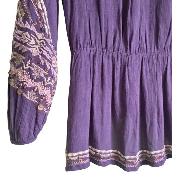 Free People Sequins Blouse Women Sz S Purple  Embroidered Long Puff Sleeves Boho - Picture 3 of 15